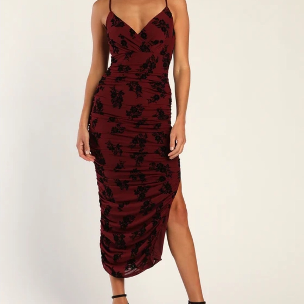 Lulu's Burgundy and Black Floral Midi Dress - Picture 1 of 2